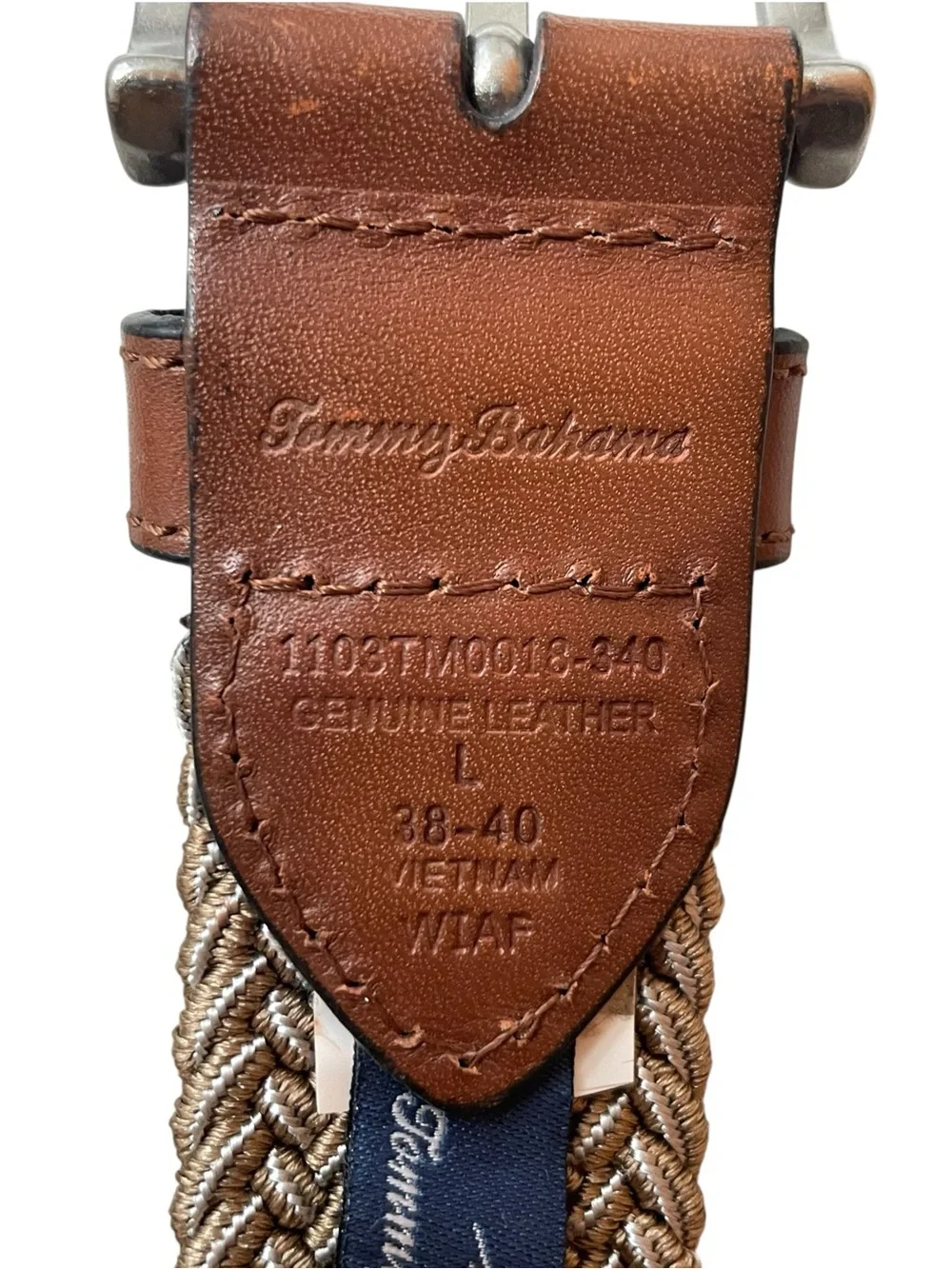 Tommy Bahama Mens Stretch 2-Tone Web Braid Belt Khaki Leather Trim Sz L 38-40  A